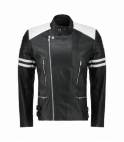Fight Club Tyler Durden Classic Mayhem Black & White Biker Leather Jacket Front