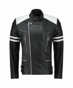 Fight Club Tyler Durden Classic Mayhem Black & White Biker Leather Jacket Front