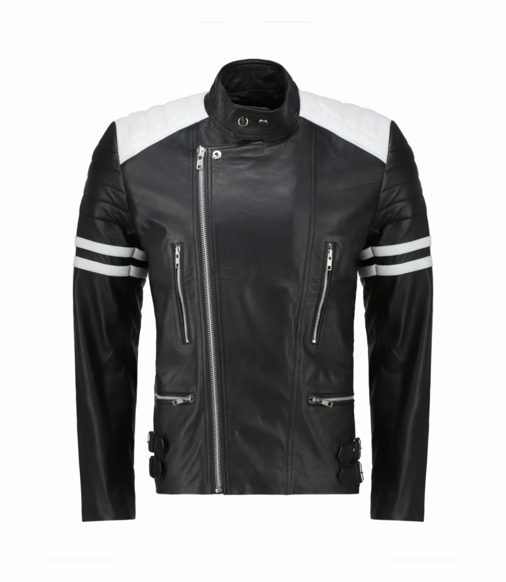 Fight Club Tyler Durden Classic Mayhem Black & White Biker Leather Jacket Front