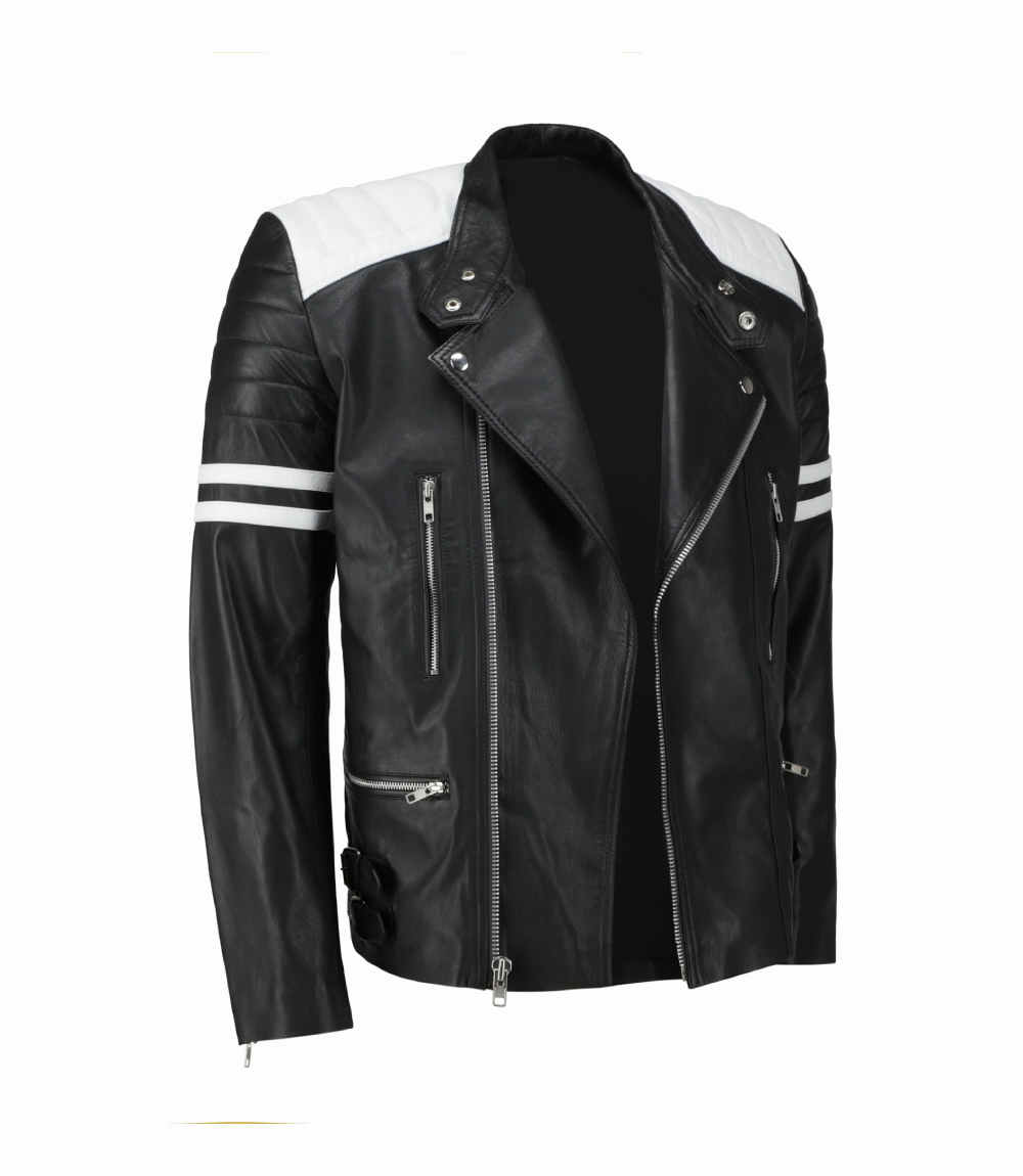 Fight Club Tyler Durden Classic Mayhem Black & White Biker Leather Jacket