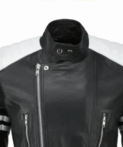 Tyler Durden Black & White Biker Leather Jacket Closeup