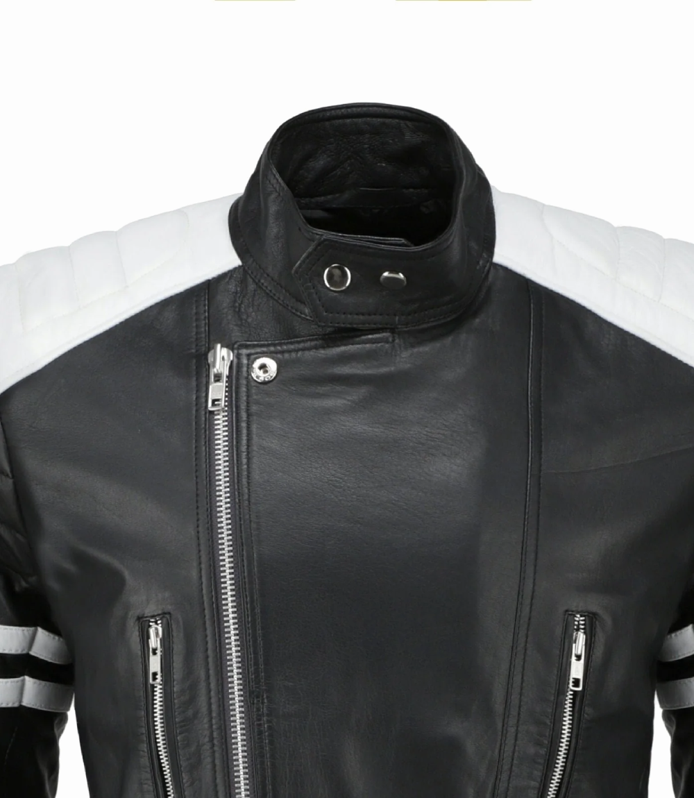 Tyler Durden Black & White Biker Leather Jacket Closeup