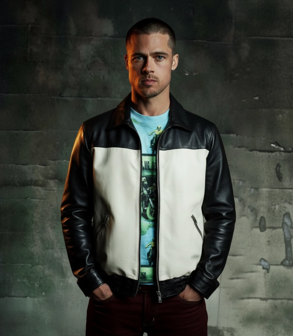 Tyler Durden Black and White Leather Jacket Brad Pitt Fight Club Jacket
