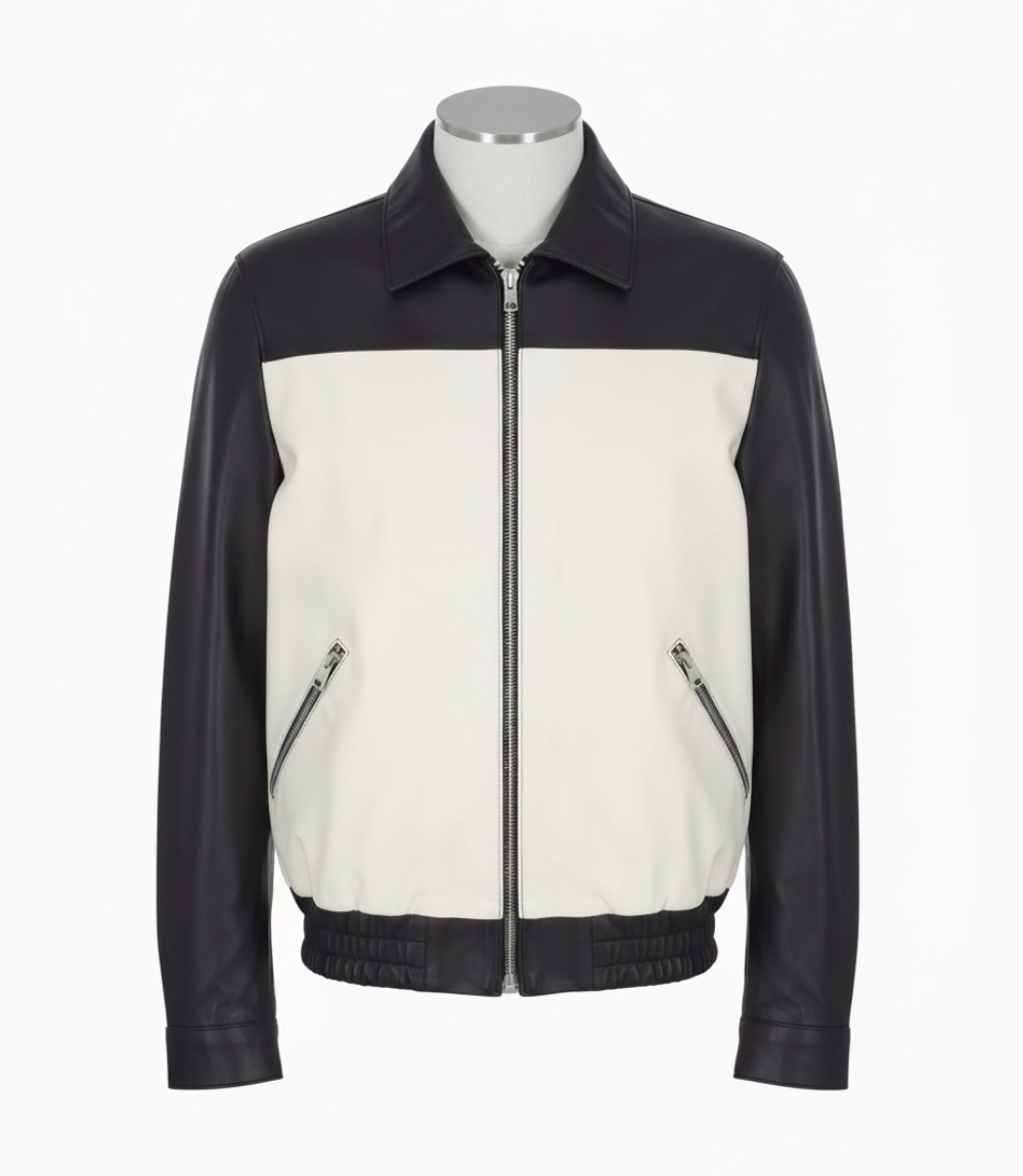 Tyler Durden Black and White Leather Jacket Fight Club Front