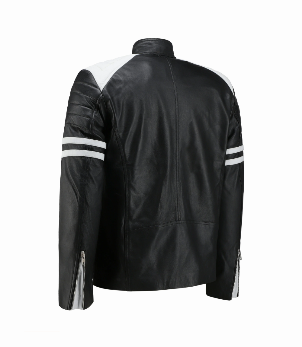 Tyler Durden Classic Black & White Biker Leather Jacket Back