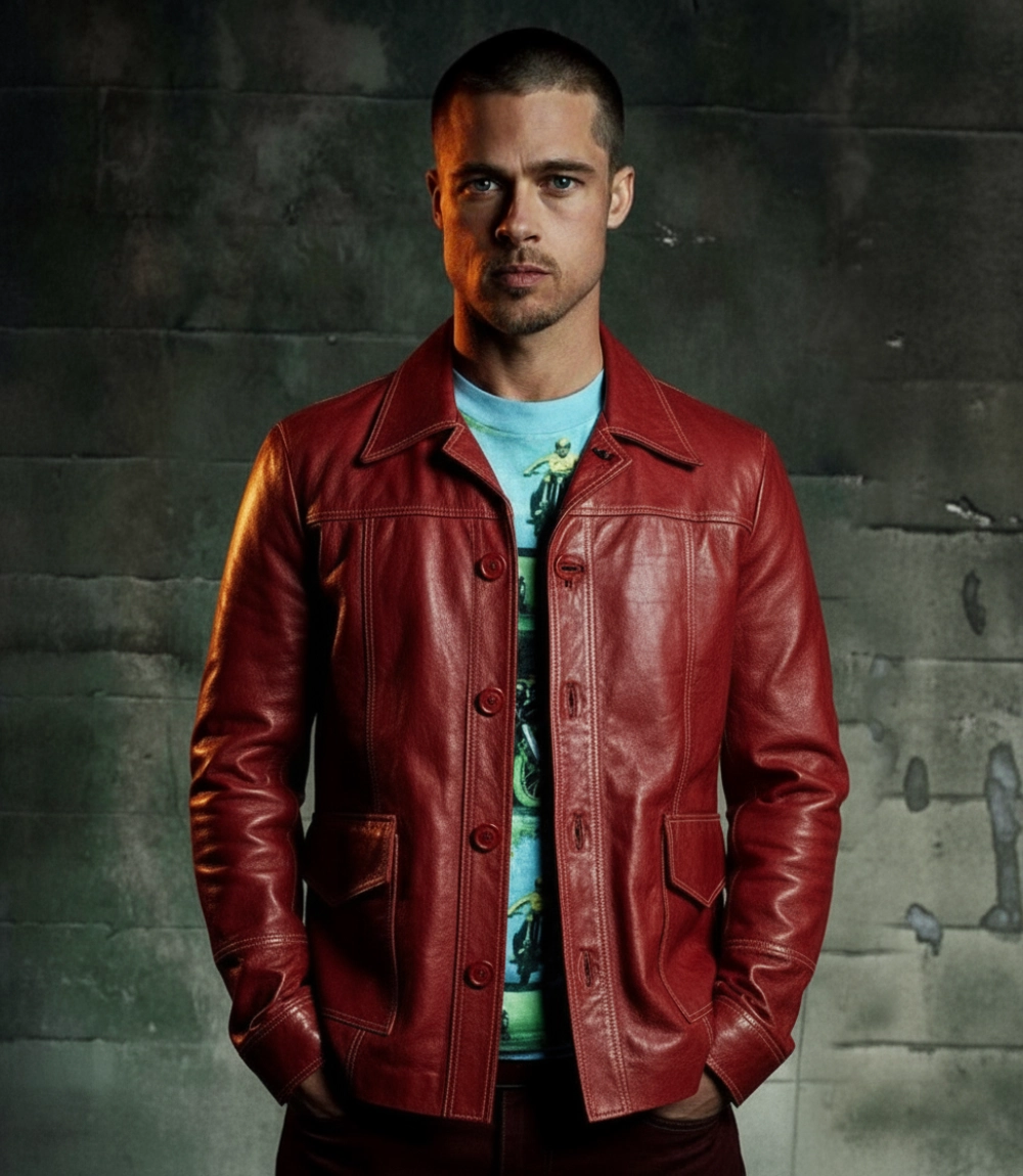 Tyler Durden Brad Pitt Red Leather Jacket