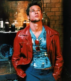 Tyler Durden Wearing The Iconic Red Leather Jacket From Fight Club