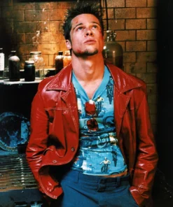 Tyler Durden Wearing The Iconic Red Leather Jacket From Fight Club